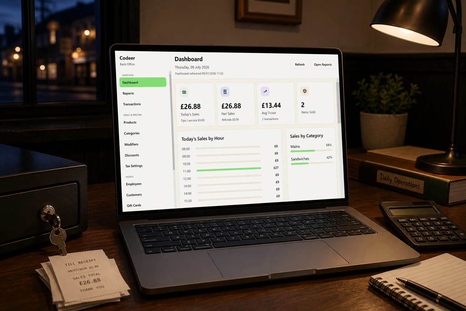 Codeer Back Office dashboard used for end-of-day reporting