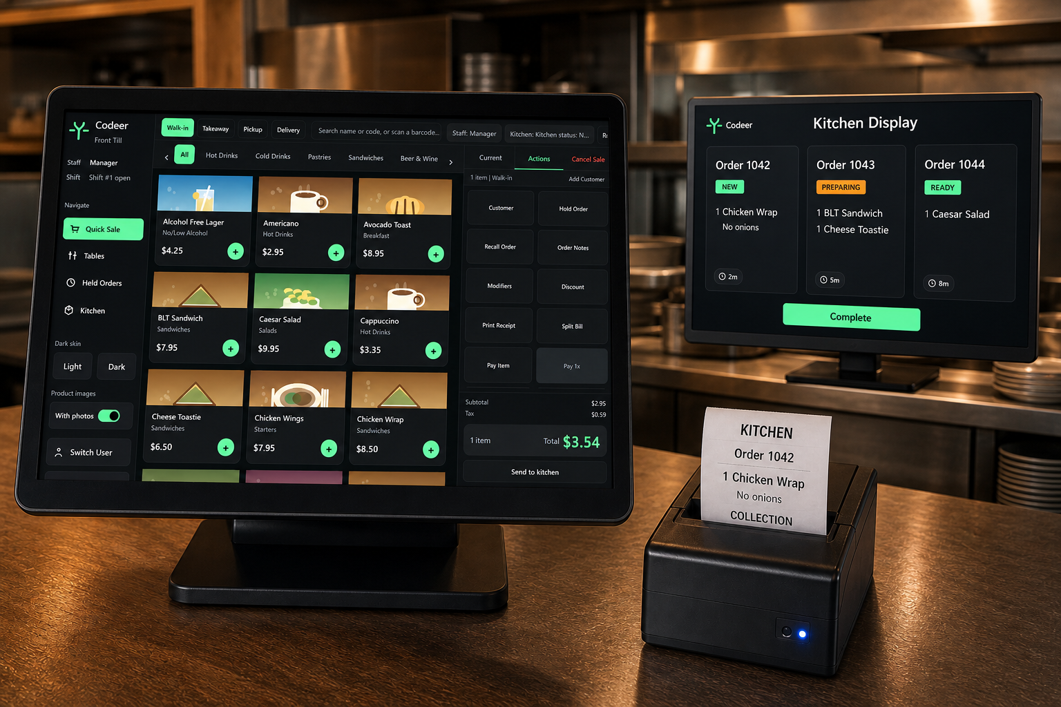 Codeer EPOS till, kitchen display and printed kitchen ticket