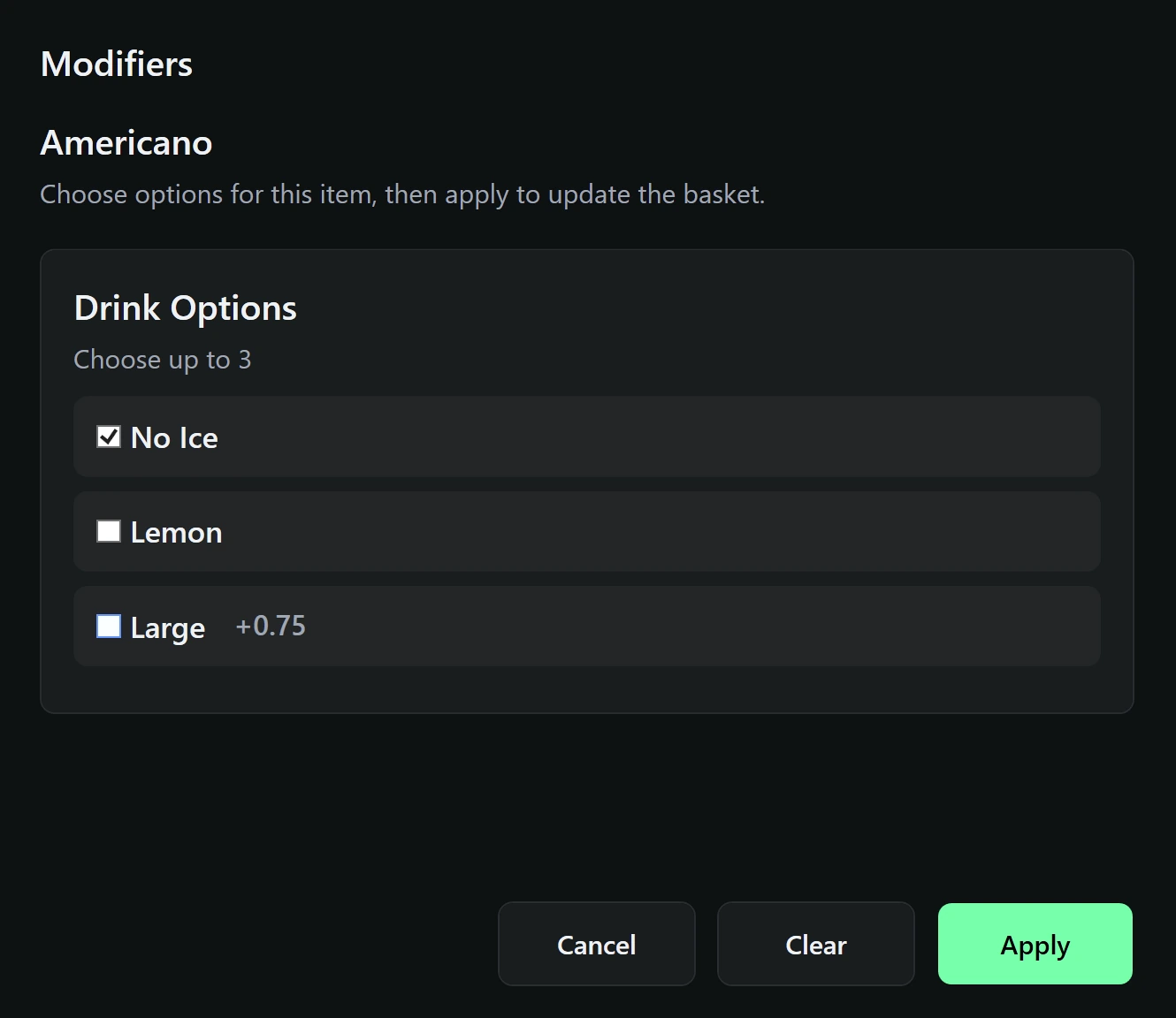 Modifier options screen for selecting drink options before applying to the basket