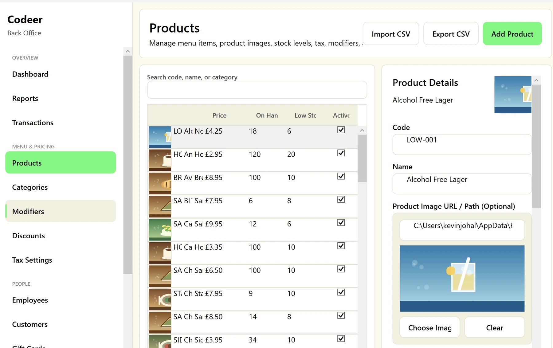 Back-office product management screen with stock, price and product image details