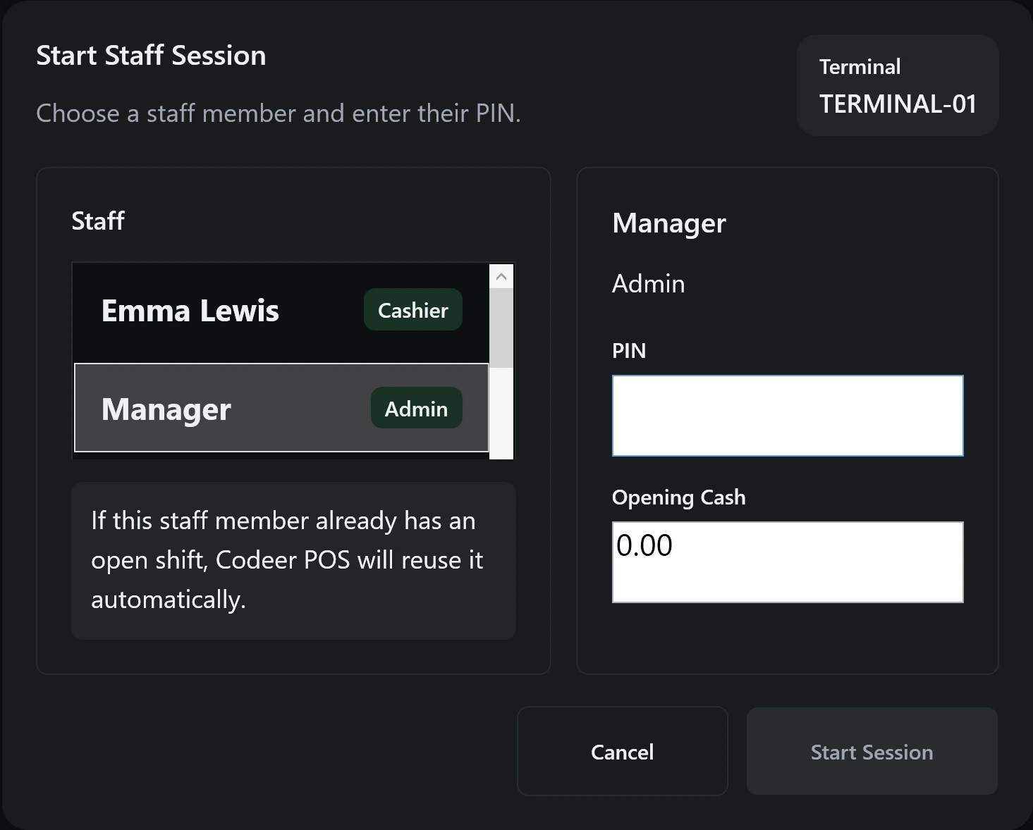 Staff session sign-in screen with staff role, PIN and opening cash fields